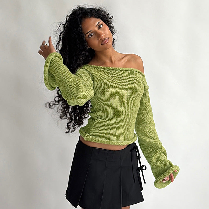 Women's Off Shoulder Ribbed Knit Top Long Sleeve Fitted