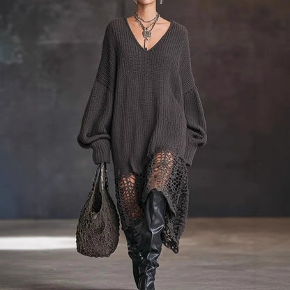 Oversized V-Neck Knit Sweater Dress Distressed Hem