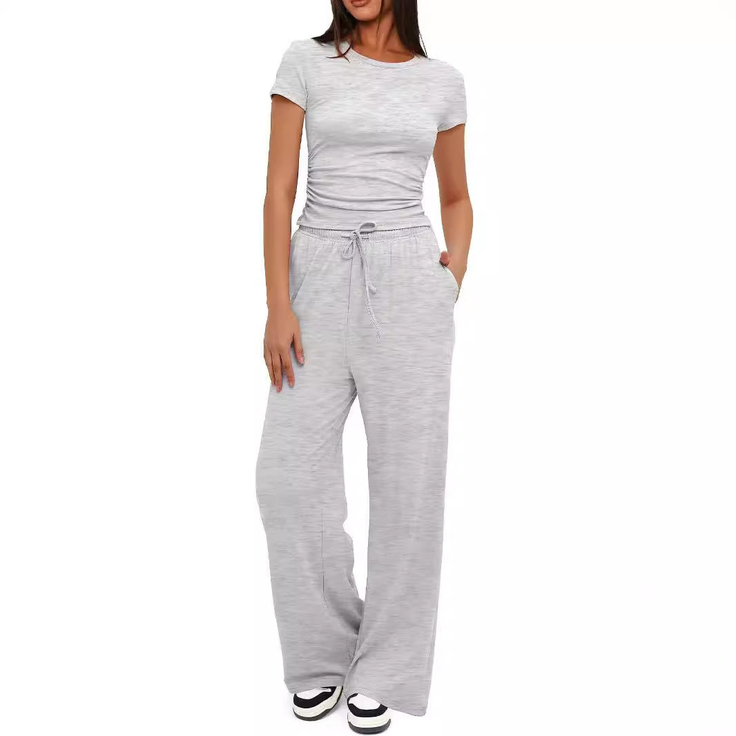 Women's Ruched Top Wide Leg Pants Two Piece Lounge Set