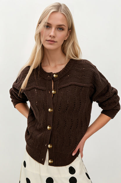 Pointelle Knit Cardigan Sweater Button Front Casual Top