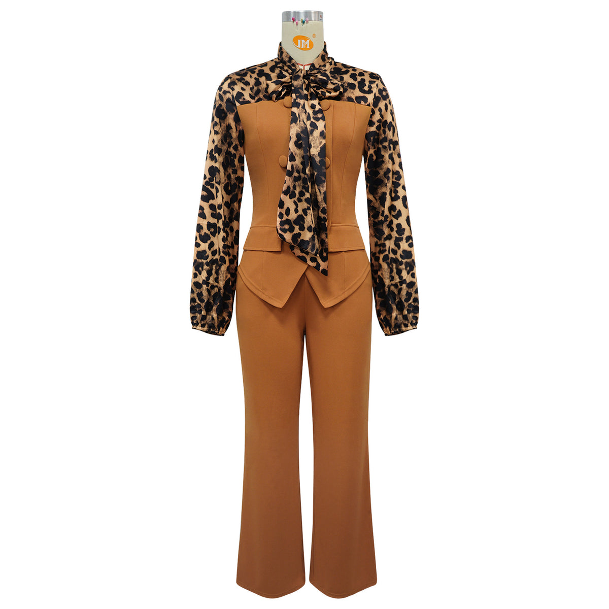 Leopard Print Tie Neck Blouse & Wide Leg Pants Set