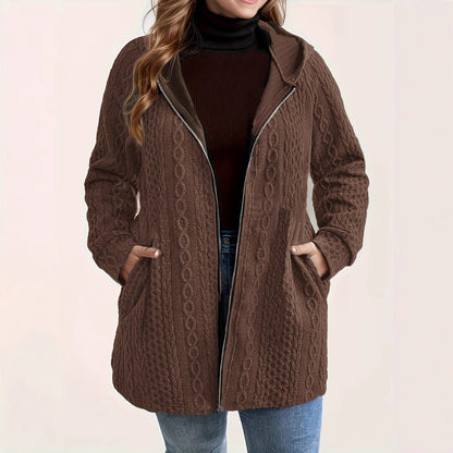 Plus Size Hooded Cable Knit Zip Jacket Pockets