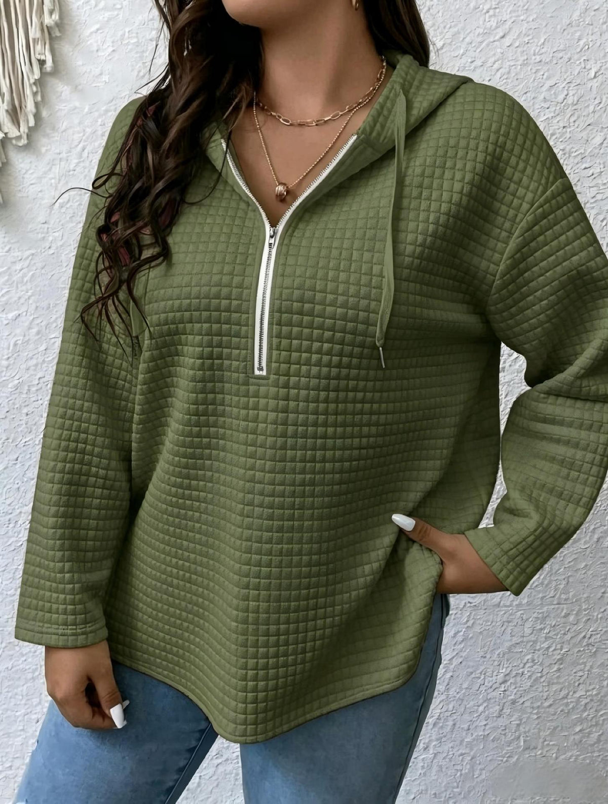 Women's Oversized Waffle Half Zip Hoodie with Pockets