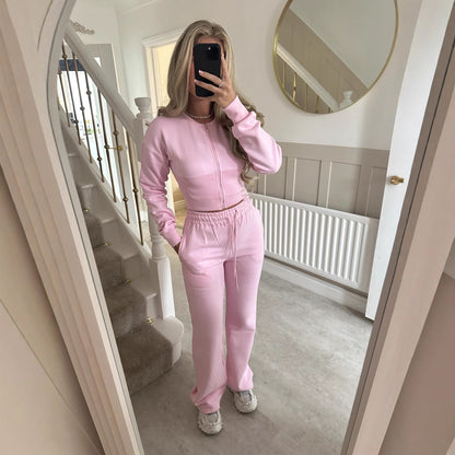Women's 2 Piece Lounge Set Zip Up Jacket Wide Leg Pants