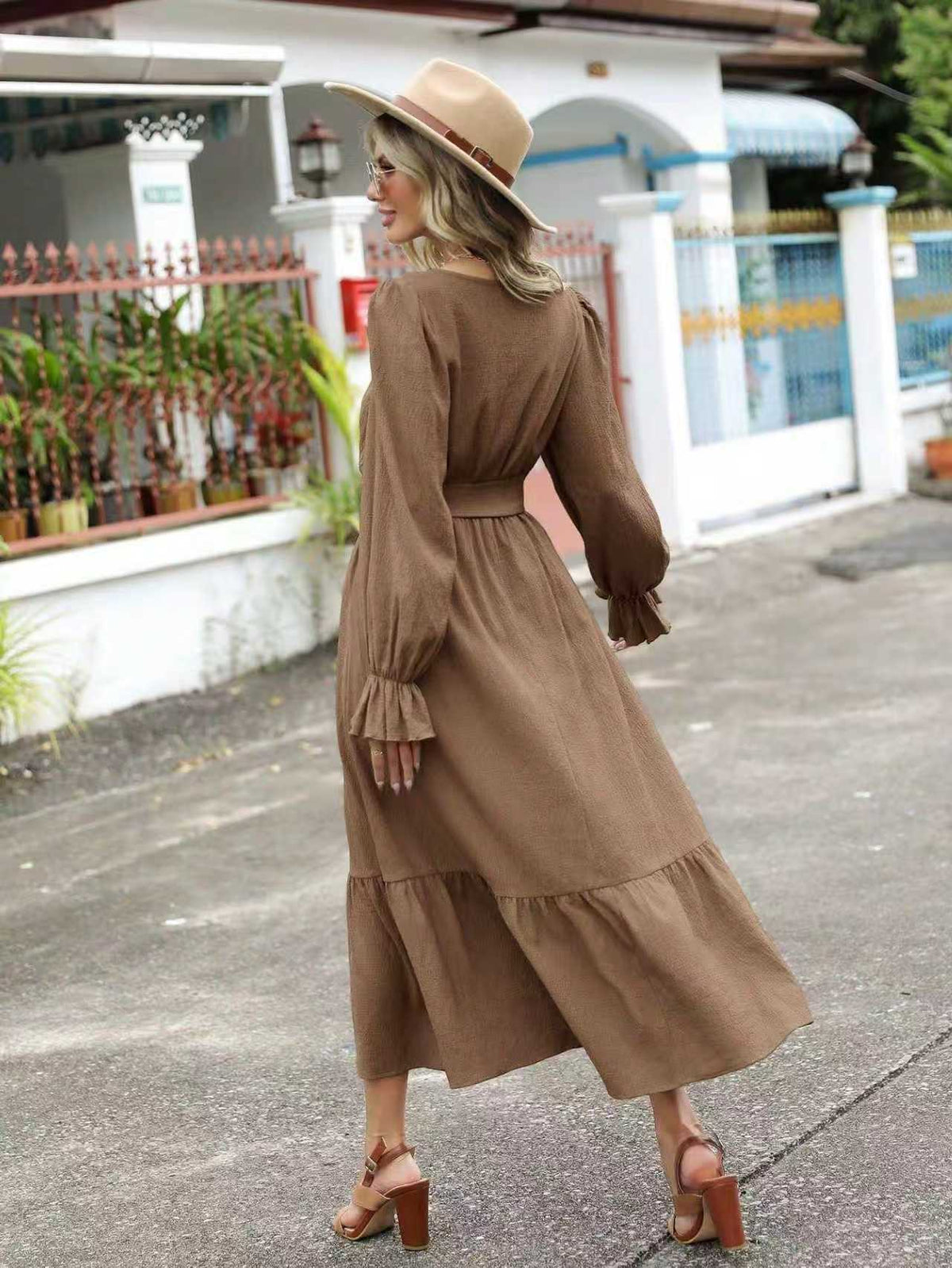 Women's Long Sleeve V Neck Button Up Tie Waist Midi Dress