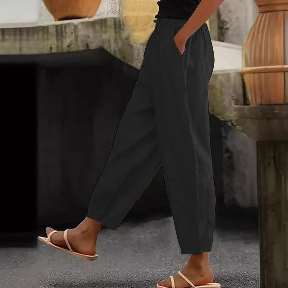 Women's Linen Cotton Drawstring Cropped Pants