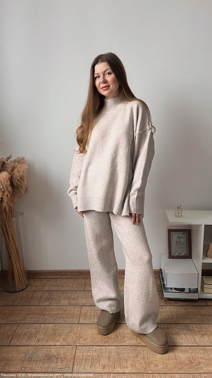 Knit Turtleneck Lounge Set with Wide Leg Pants