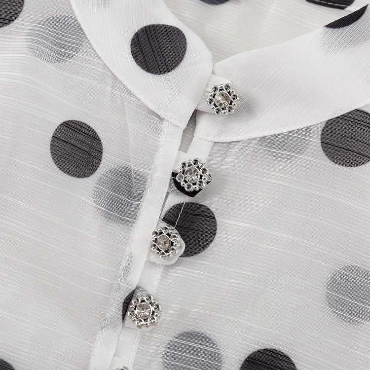 Polka Dot Ruffle Stand Collar Blouse Tie Waist Long Sleeve