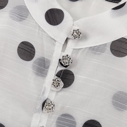 Polka Dot Ruffle Stand Collar Blouse Tie Waist Long Sleeve