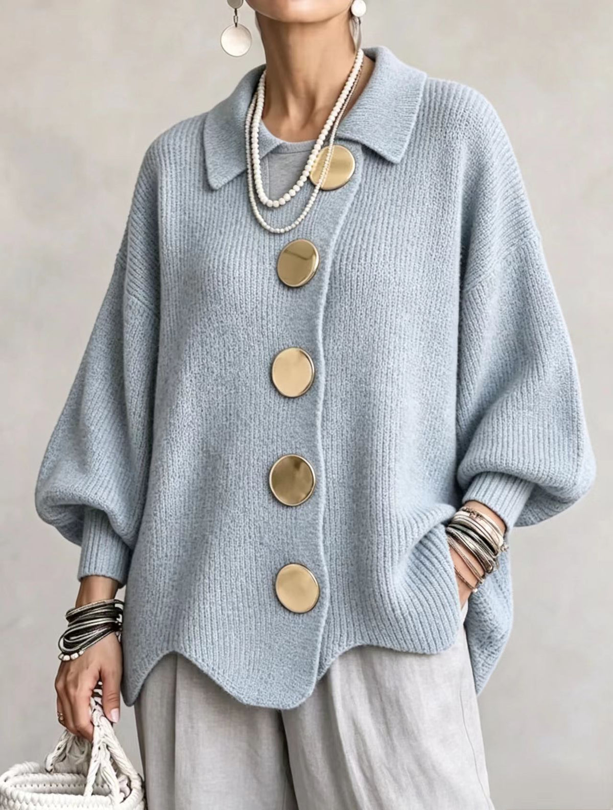 Womens Oversized Collared Cardigan Chunky Knit Button Front
