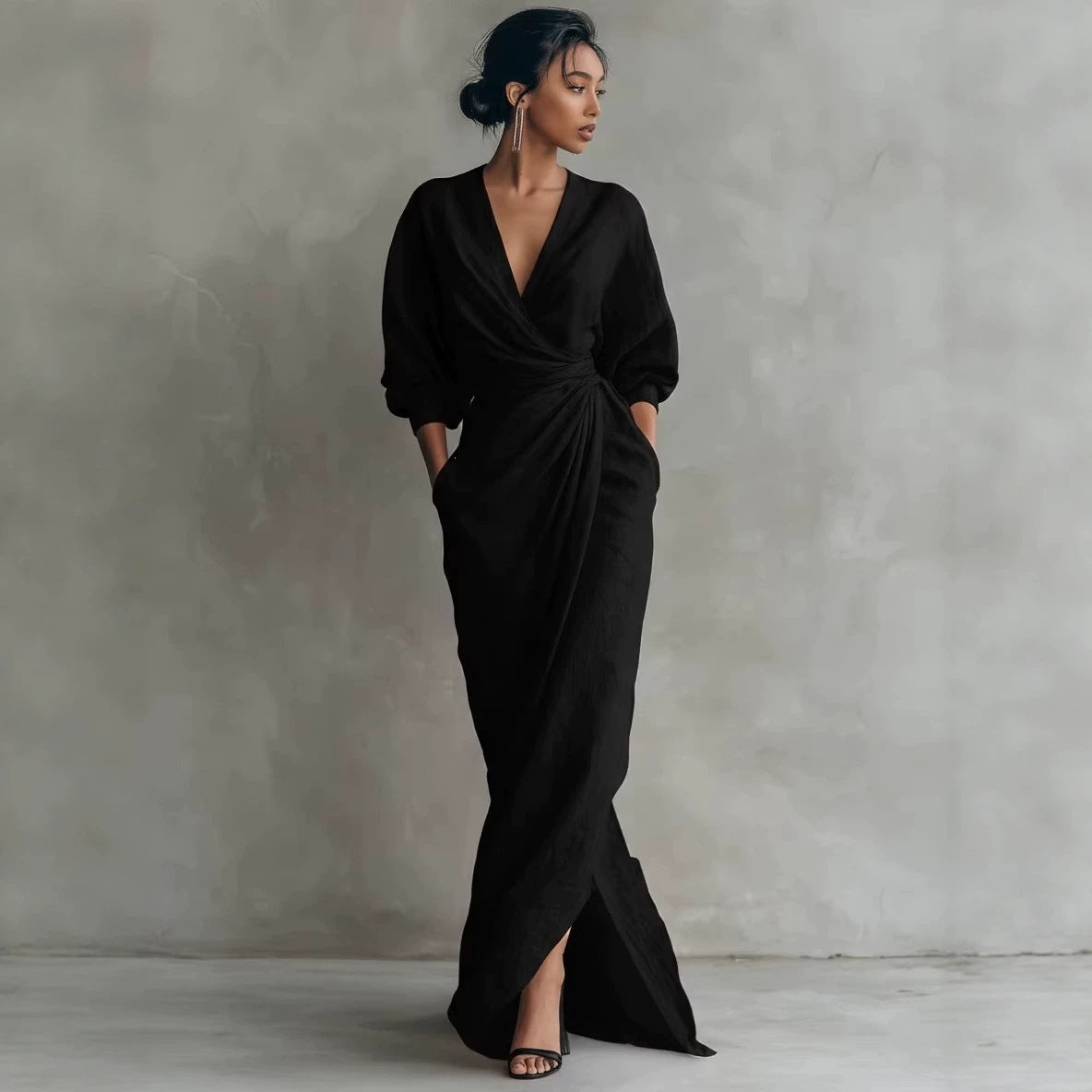 Elegant Wrap V-Neck Maxi Dress Side Slit Pockets