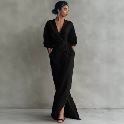 Elegant Wrap V-Neck Maxi Dress Side Slit Pockets