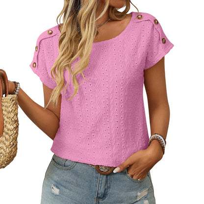 Hollow Out Button Short Sleeve Tee