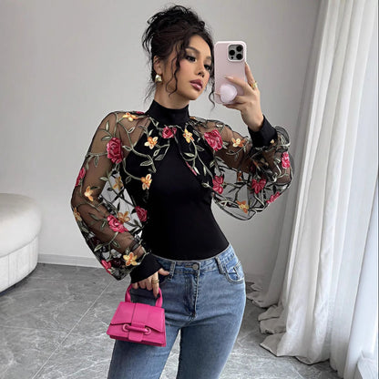 Floral Embroidered Mesh Sleeve Top Mock Neck