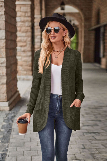 Women's Ribbed Open Front Cardigan with Pockets