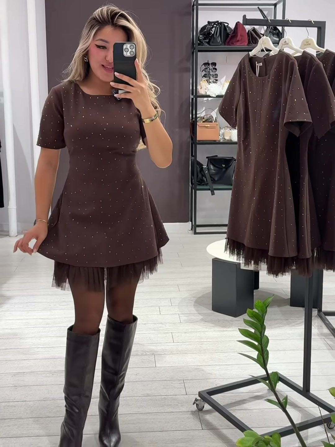 Rhinestone Lace Trim Short Sleeve A-Line Mini Dress