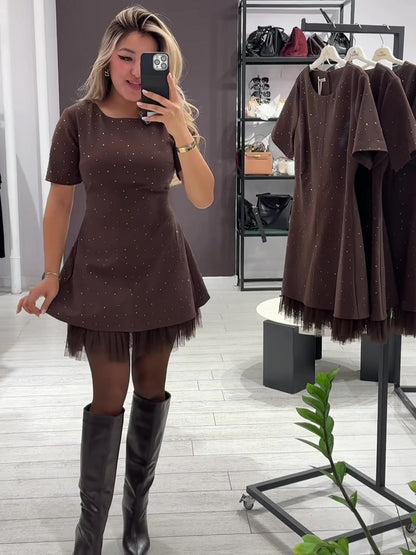 Rhinestone Lace Trim Short Sleeve A-Line Mini Dress