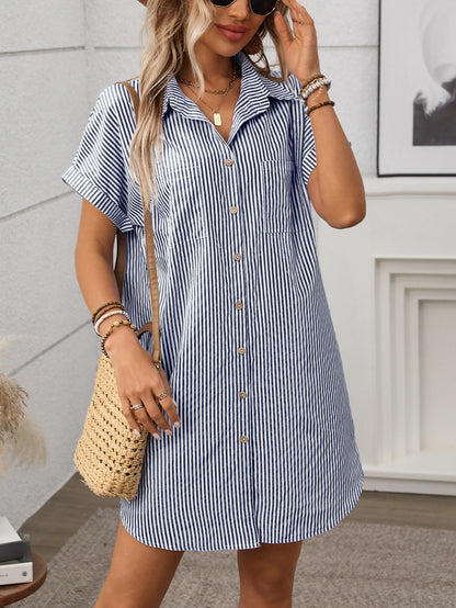 Striped Short Sleeve Shirt Dress Casual Summer Style