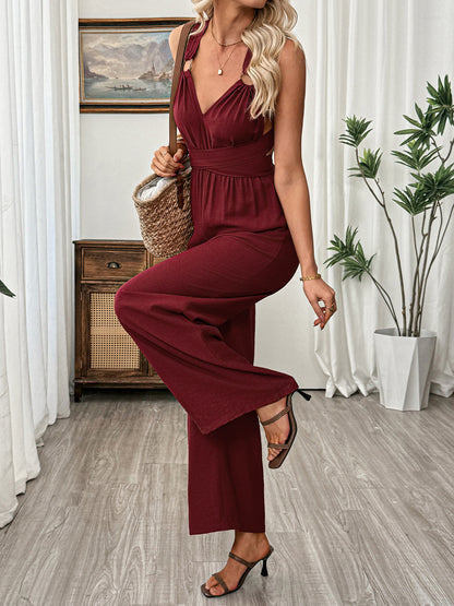 Burgundy Open Back Tie Wide Leg Jumpsuit