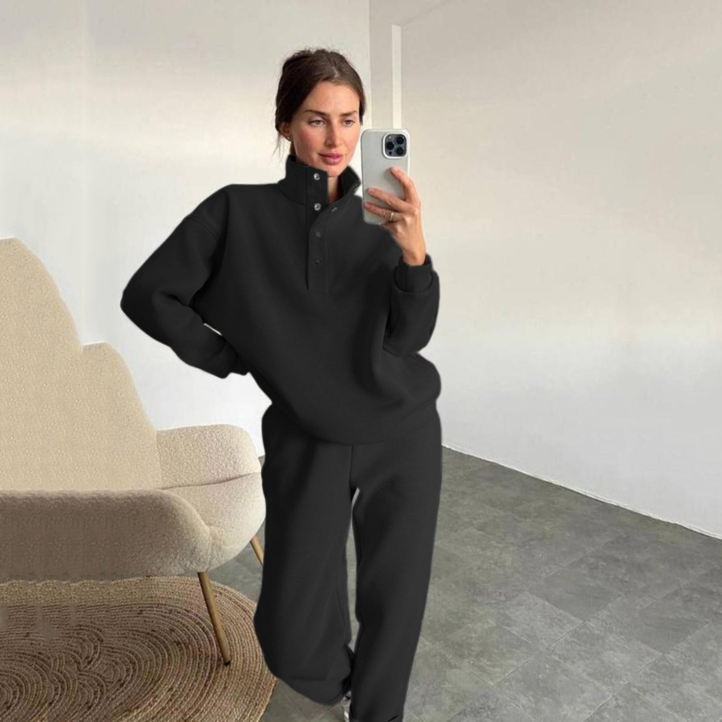 Women's Oversized Fleece Button Mock Neck Sweatsuit Set