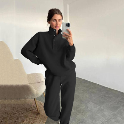 Women's Oversized Fleece Button Mock Neck Sweatsuit Set