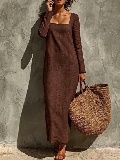 Women's Square Neck Long Sleeve Straight Maxi Dress Casual