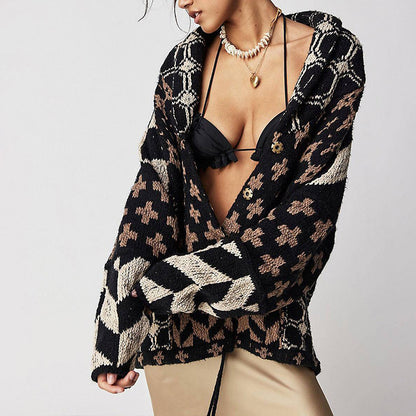 Y2K Oversized Geometric Knit Cardigan Button Front