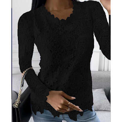 Women's Lace Long Sleeve Scalloped Neck Blouse