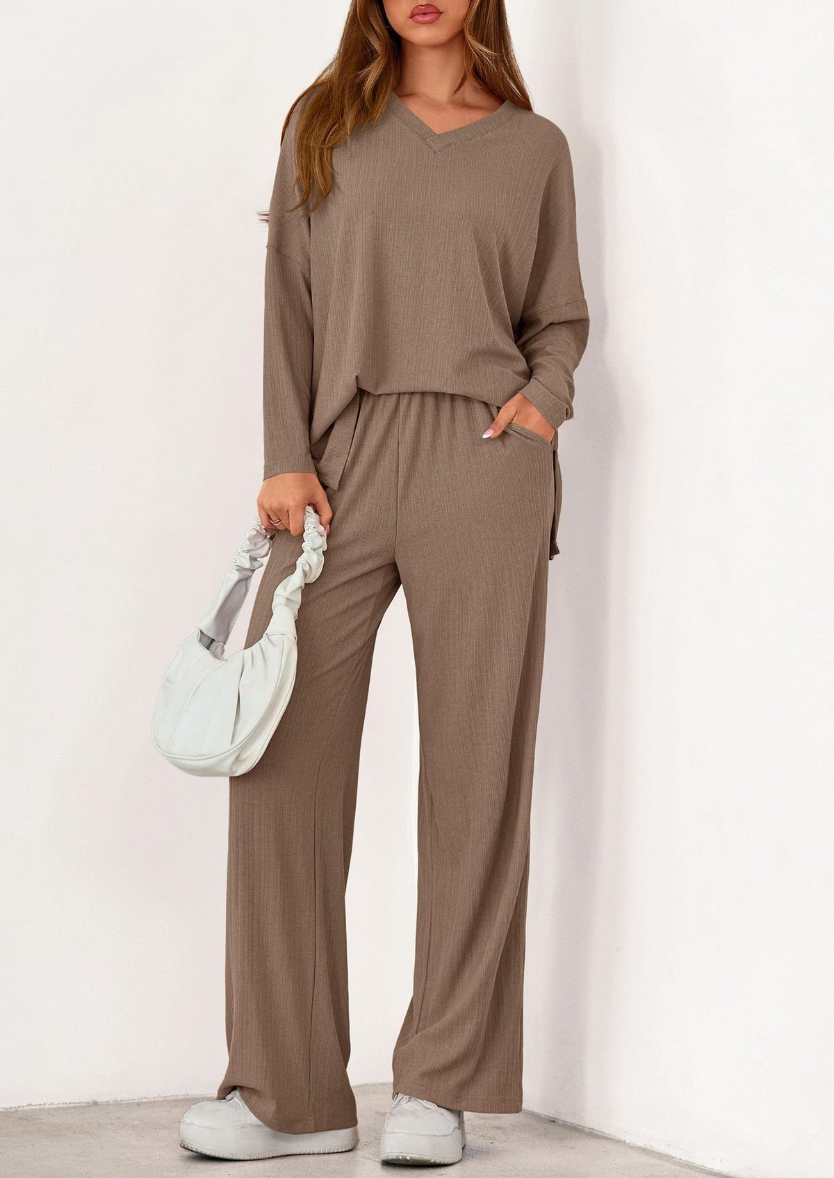 Women's Two Piece Ribbed Lounge Set Wide Leg Pants