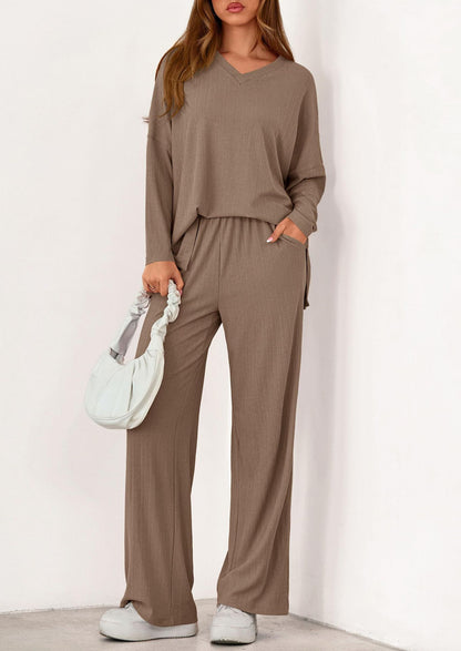 Women's Two Piece Ribbed Lounge Set Wide Leg Pants