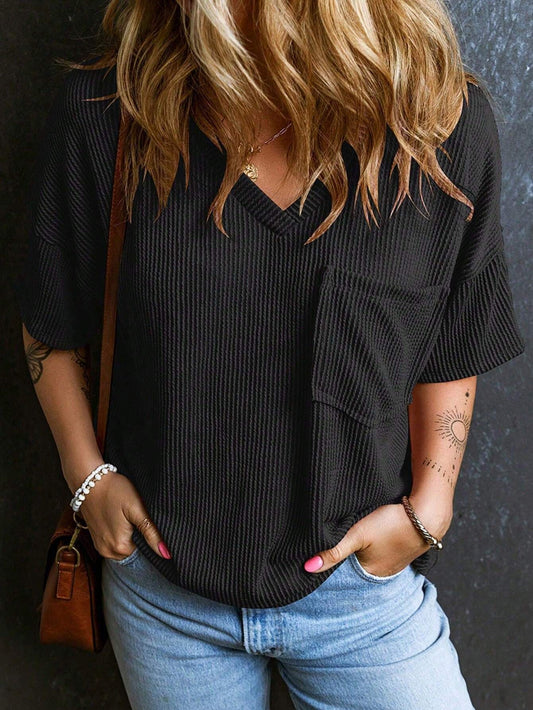 Ribbed V Neck Pocket Tee Short Sleeve Casual Top