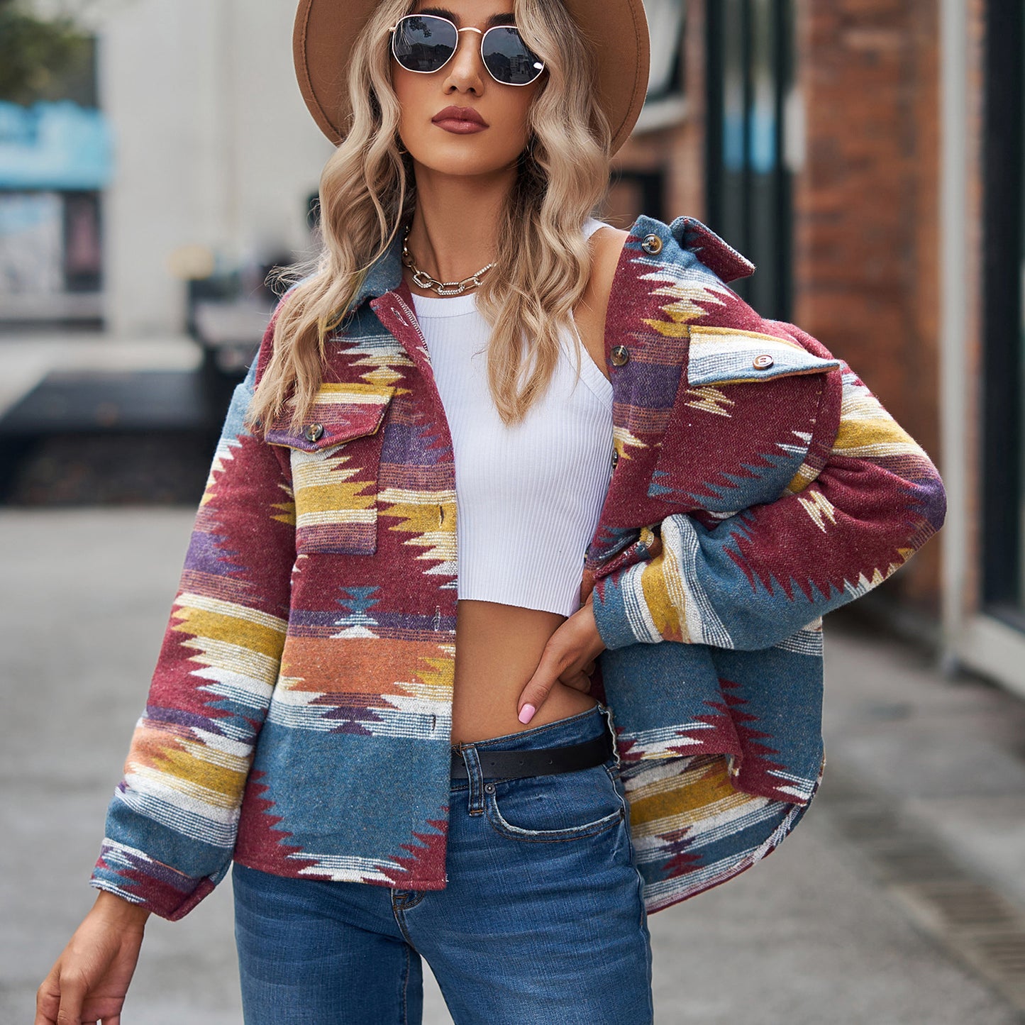 Women's Aztec Shacket Oversized Button Front Jacket