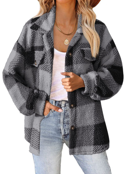 Women's Oversized Plaid Sherpa Shacket Jacket Pockets