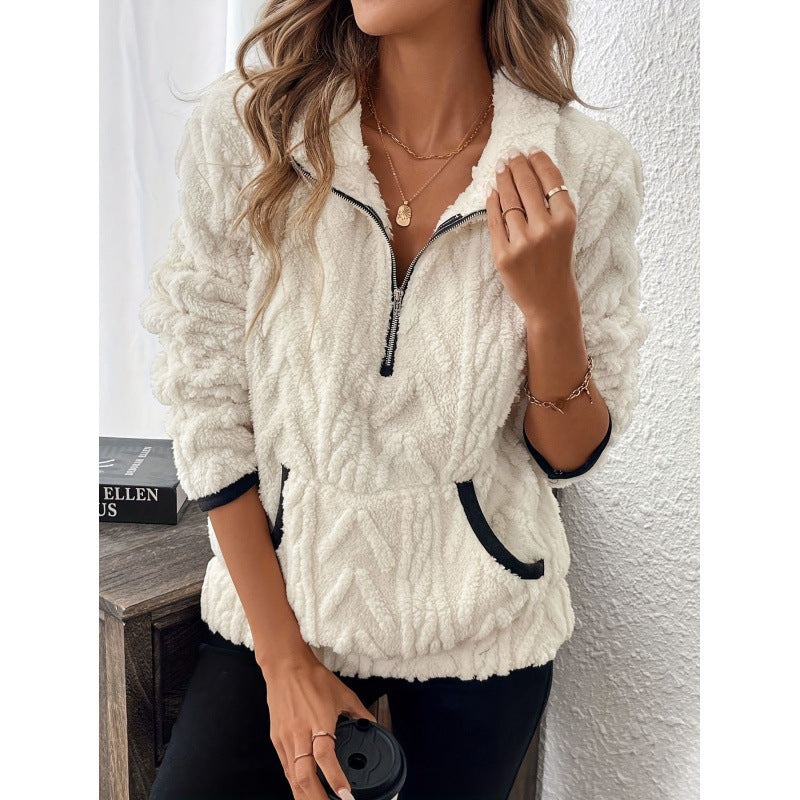 Jacquard Half Zip Plush Pullover Collared Sweatshirt