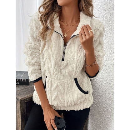 Jacquard Half Zip Plush Pullover Collared Sweatshirt