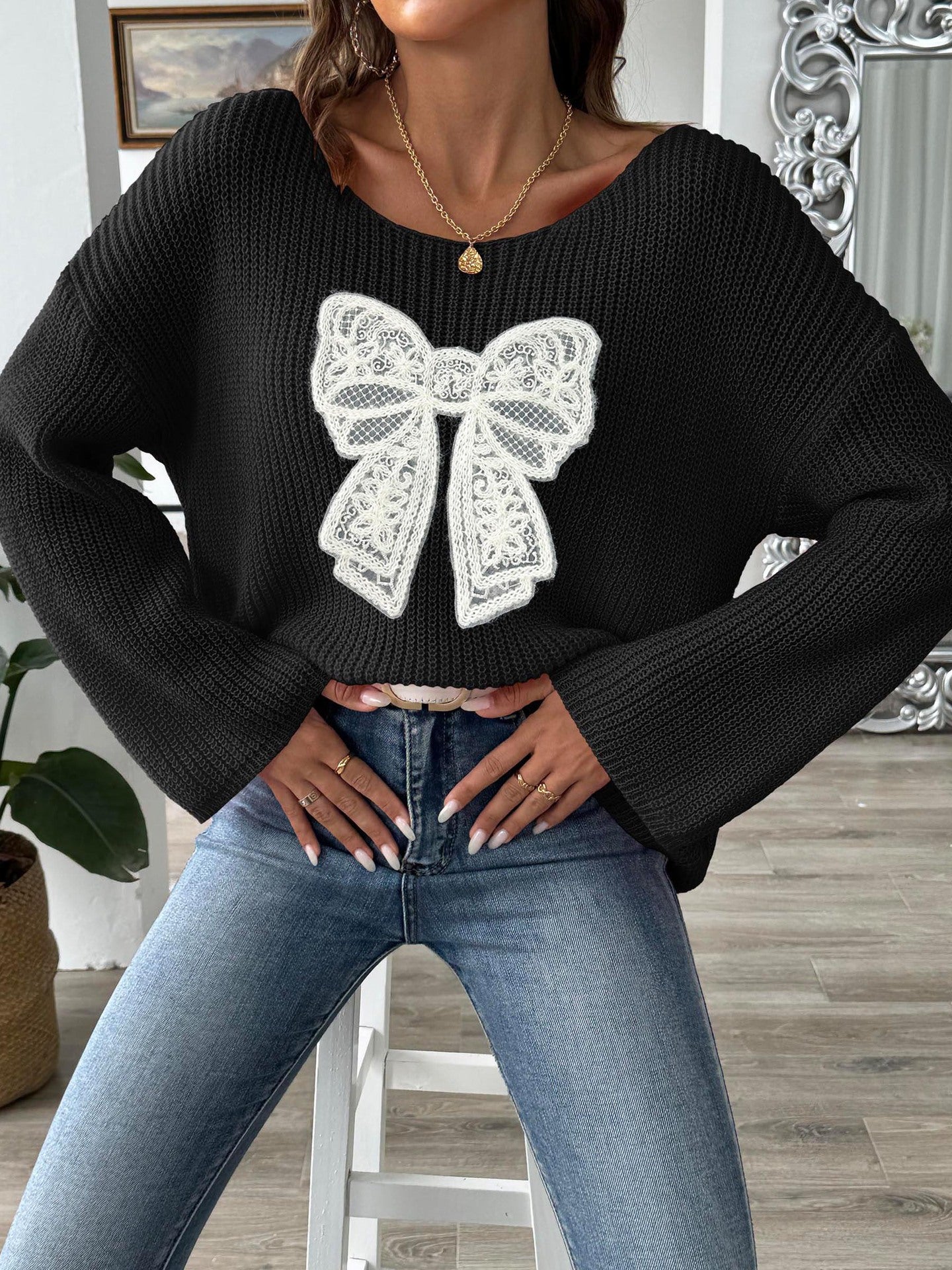 Women’s Lace Bow Applique Waffle Knit Bell Sleeve Top