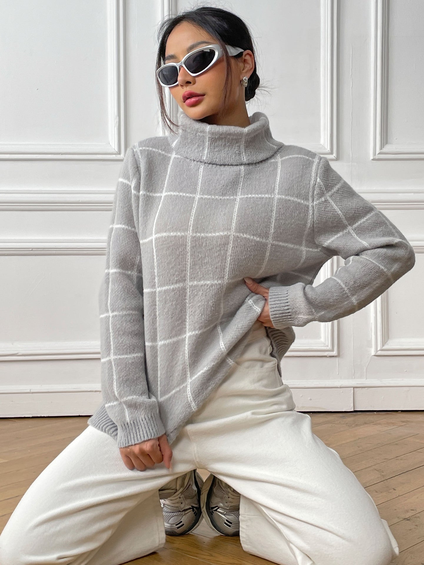 Women's Long Sleeve Bottom Shirt Contrast Checked Turtleneck