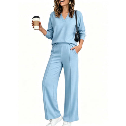 Women's V-Neck Top Wide Leg Pants 2 Piece Set