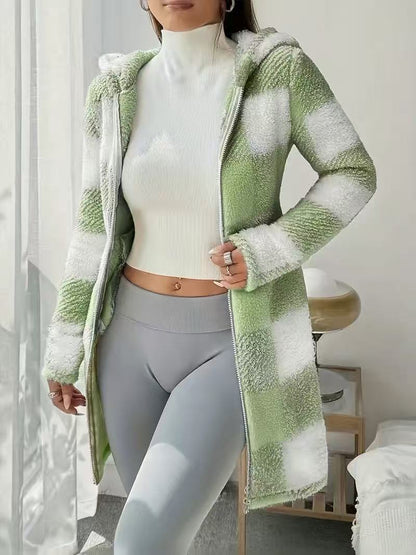 Women's Buffalo Plaid Sherpa Hooded Long Zip Jacket