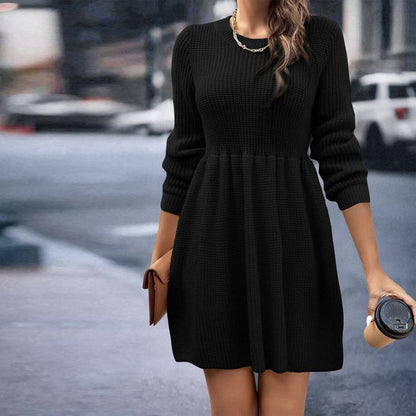 Ribbed Crew Neck Long Sleeve Fit and Flare Sweater Dress