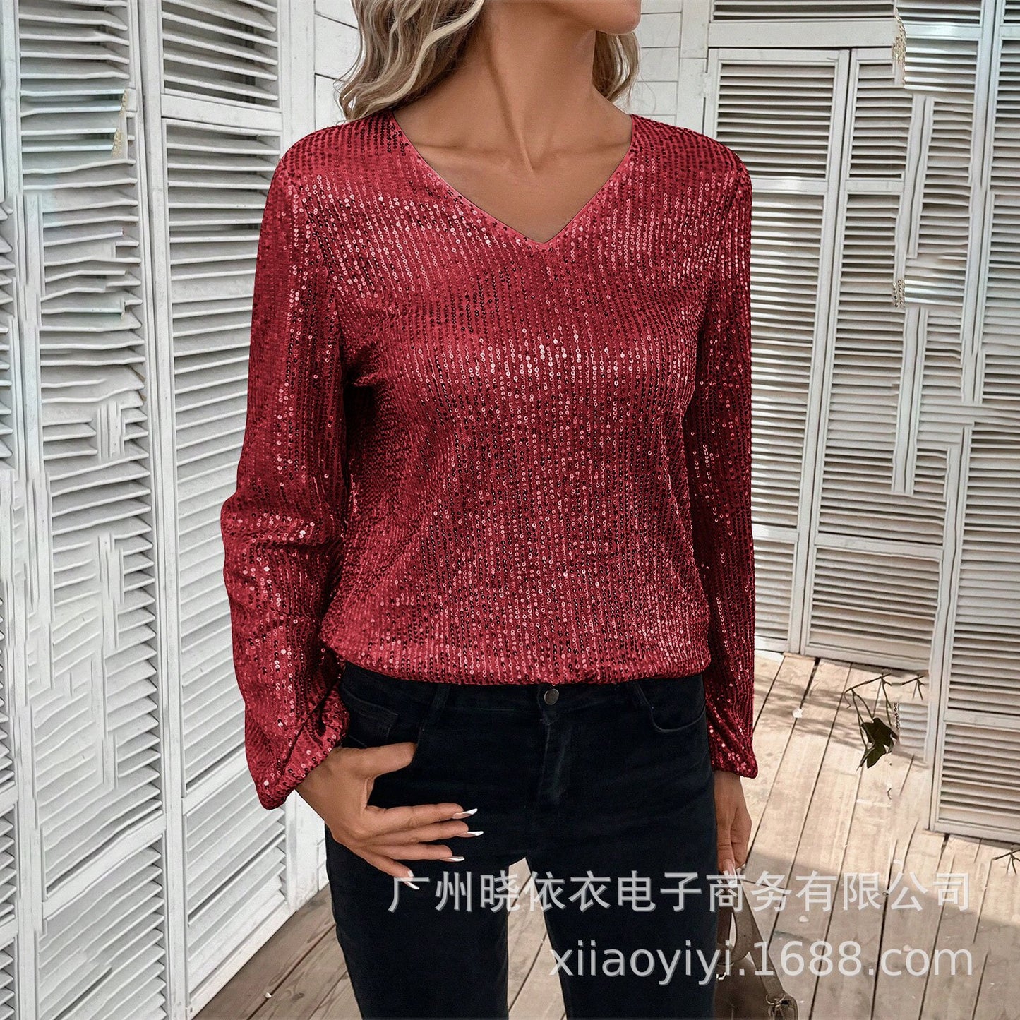 Women's Sequin V Neck Long Sleeve Party Top