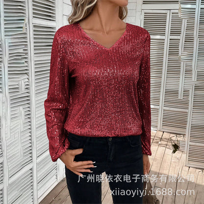 Women's Sequin V Neck Long Sleeve Party Top