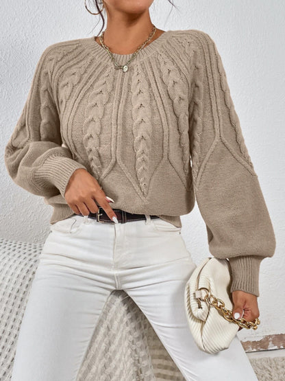 Women's Cable Knit Balloon Sleeve Crew Neck Sweater