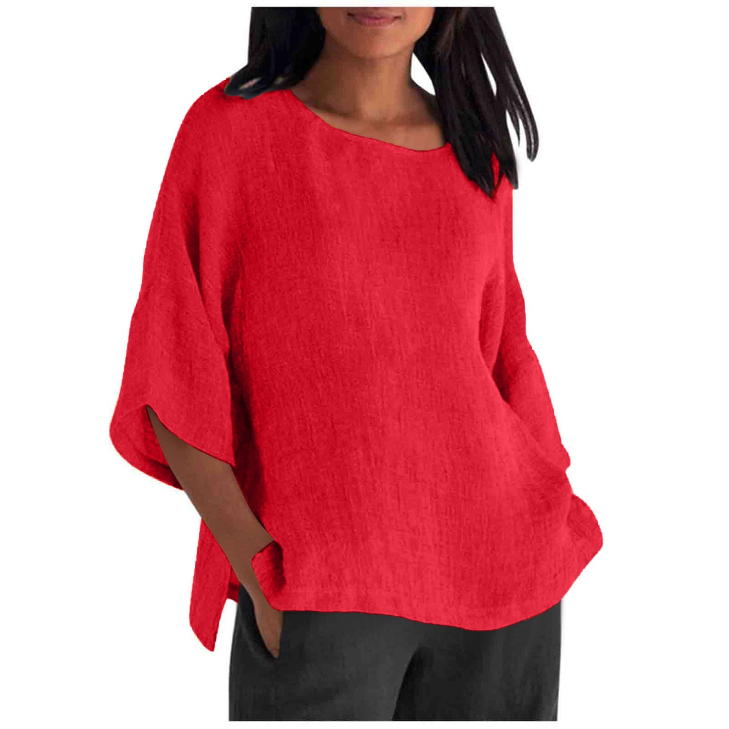 Women's Linen Top Oversized 3/4 Sleeve Round Neck 25 Colors