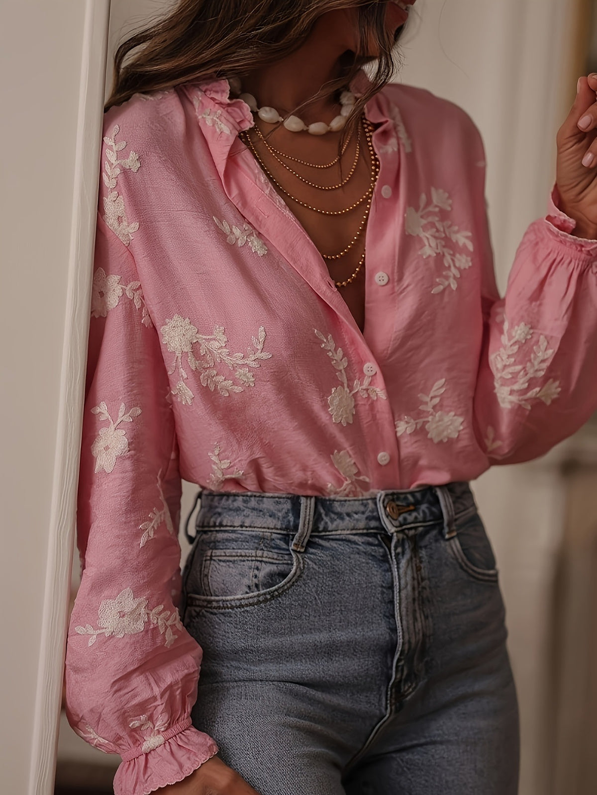 Women's Embroidered Floral Balloon Sleeve Button Down Blouse