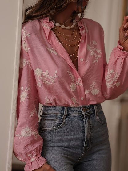 Women's Embroidered Floral Balloon Sleeve Button Down Blouse