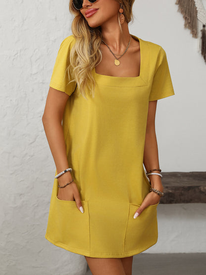 Square Collar Short-Sleeve Casual Pocket Dress