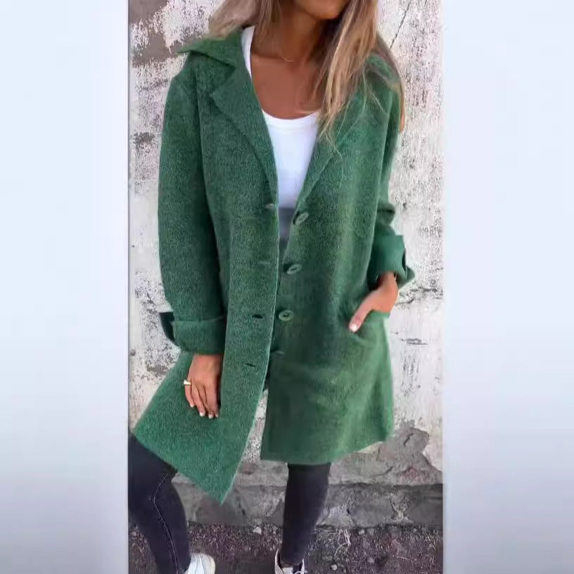 Women Long Wool Coat Lapel Button Front Jacket Pockets