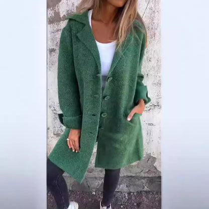 Women Long Wool Coat Lapel Button Front Jacket Pockets