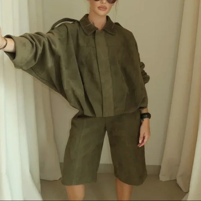 Women's Cinched Waist Shoulder Tab Bomber Jacket Pants Set